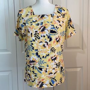 Coral Bay Women’s SZ L Yellow Floral Square Neck Short Sleeve Pullover Top